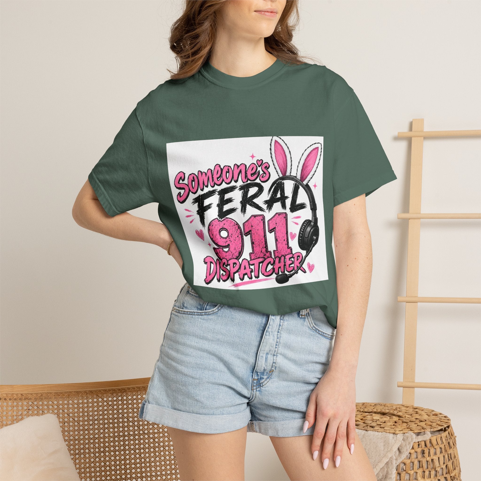 911 Dispatcher T‑Shirt — "Someone's Feral" Cute Pink Bunny Headset Design