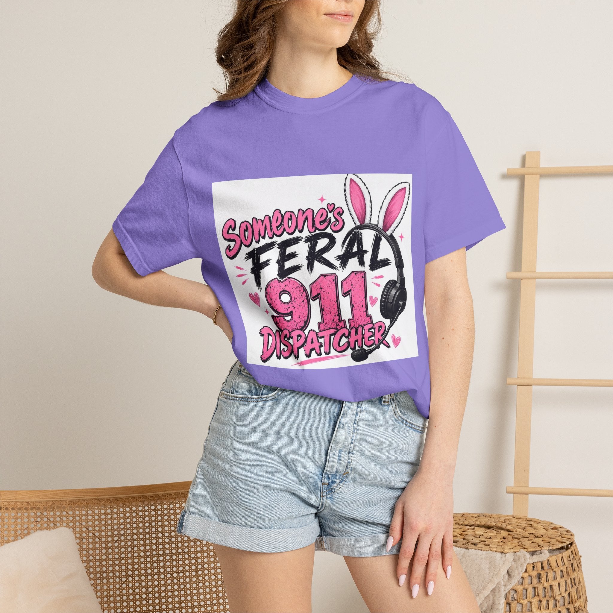 911 Dispatcher T‑Shirt — "Someone's Feral" Cute Pink Bunny Headset Design