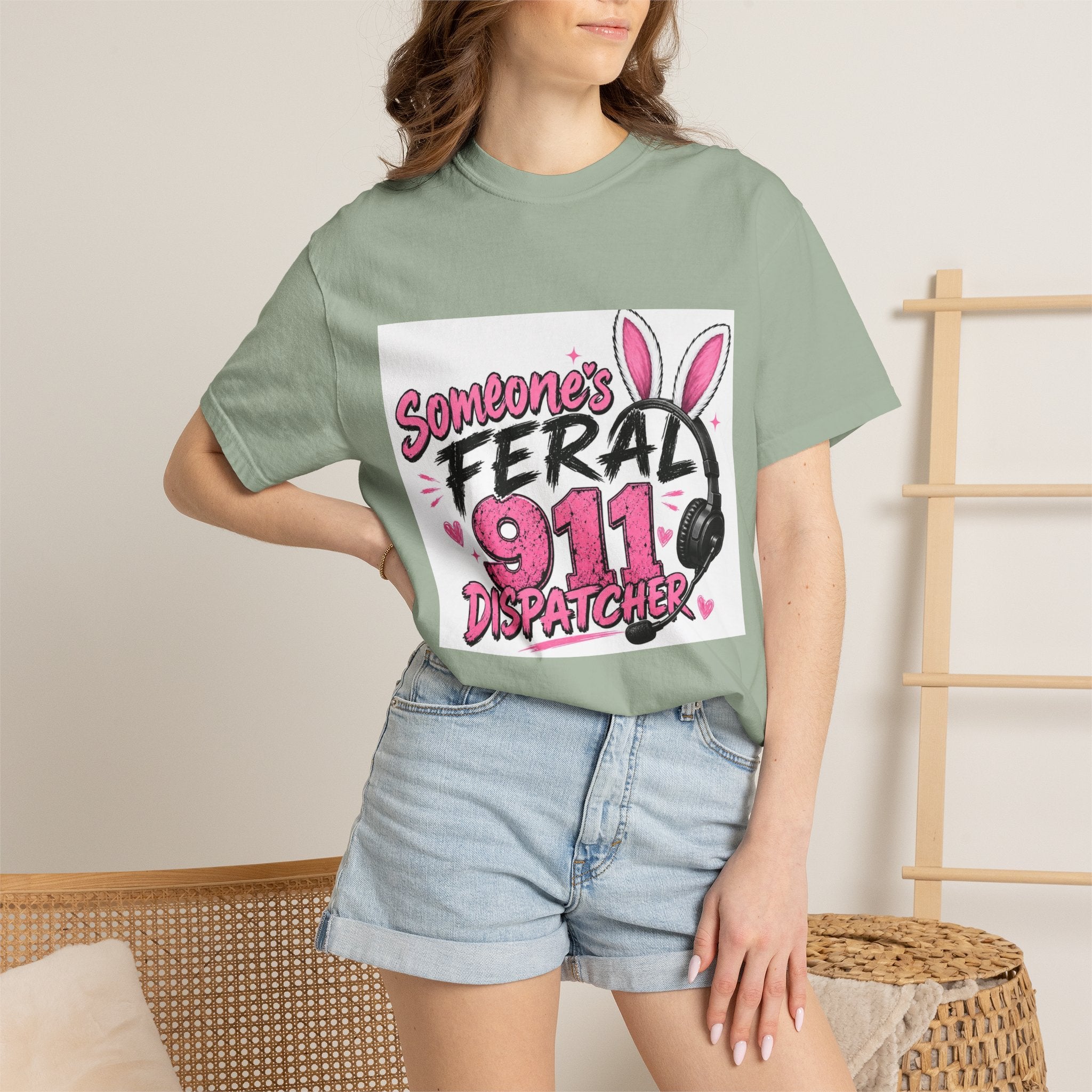 911 Dispatcher T‑Shirt — "Someone's Feral" Cute Pink Bunny Headset Design