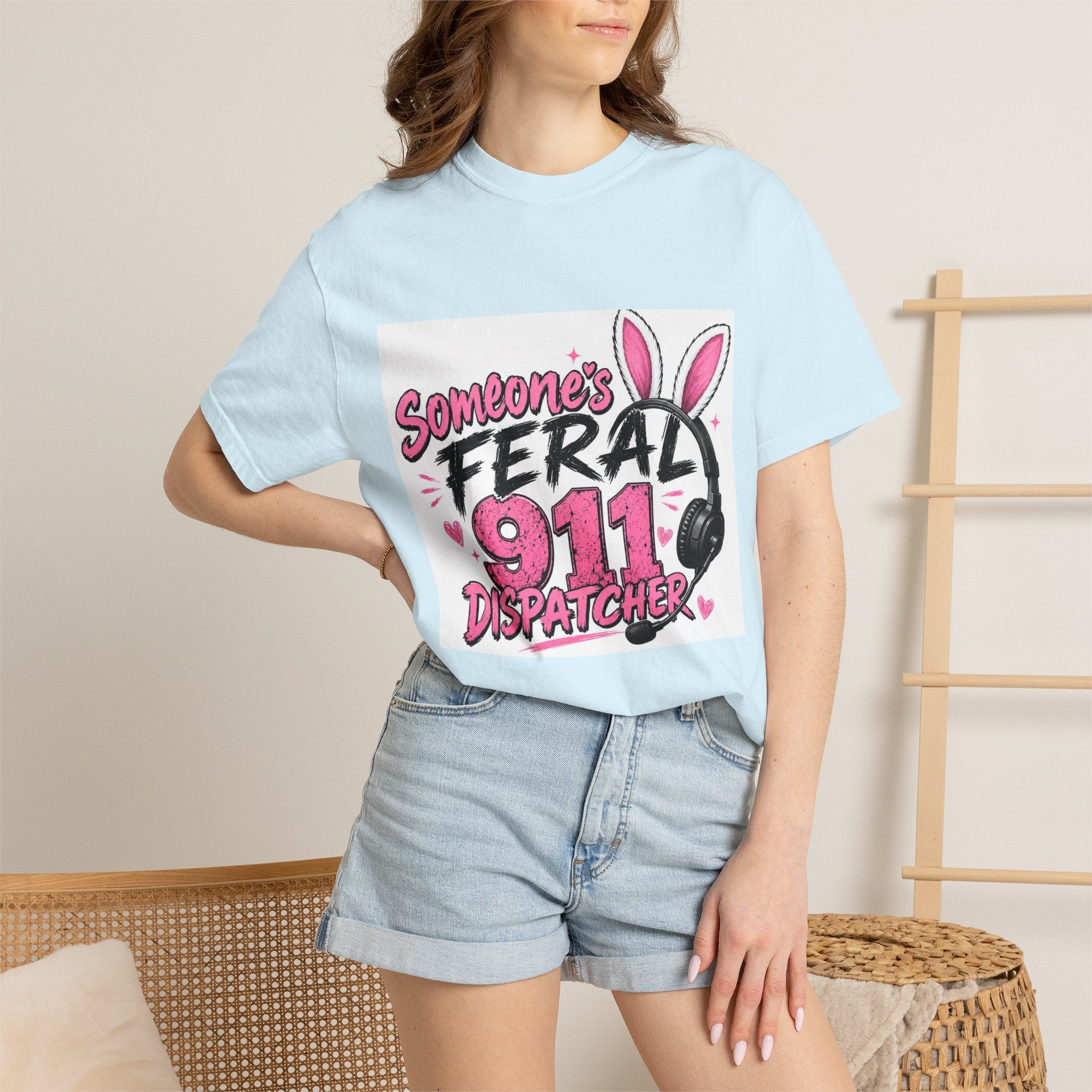 911 Dispatcher T‑Shirt — "Someone's Feral" Cute Pink Bunny Headset Design