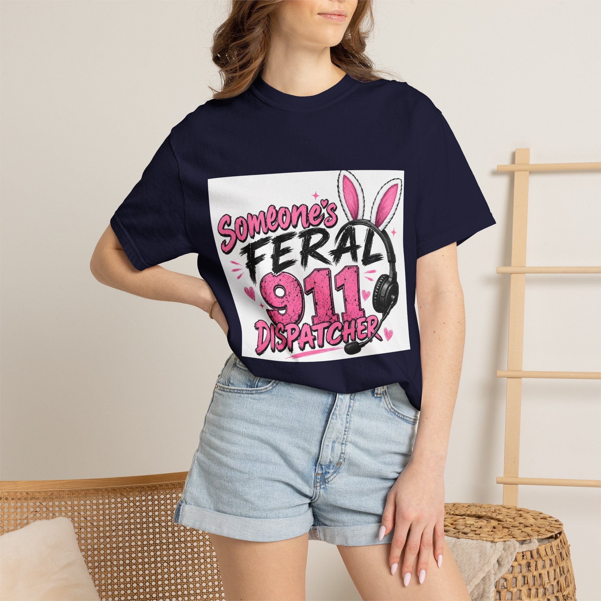 911 Dispatcher T‑Shirt — "Someone's Feral" Cute Pink Bunny Headset Design