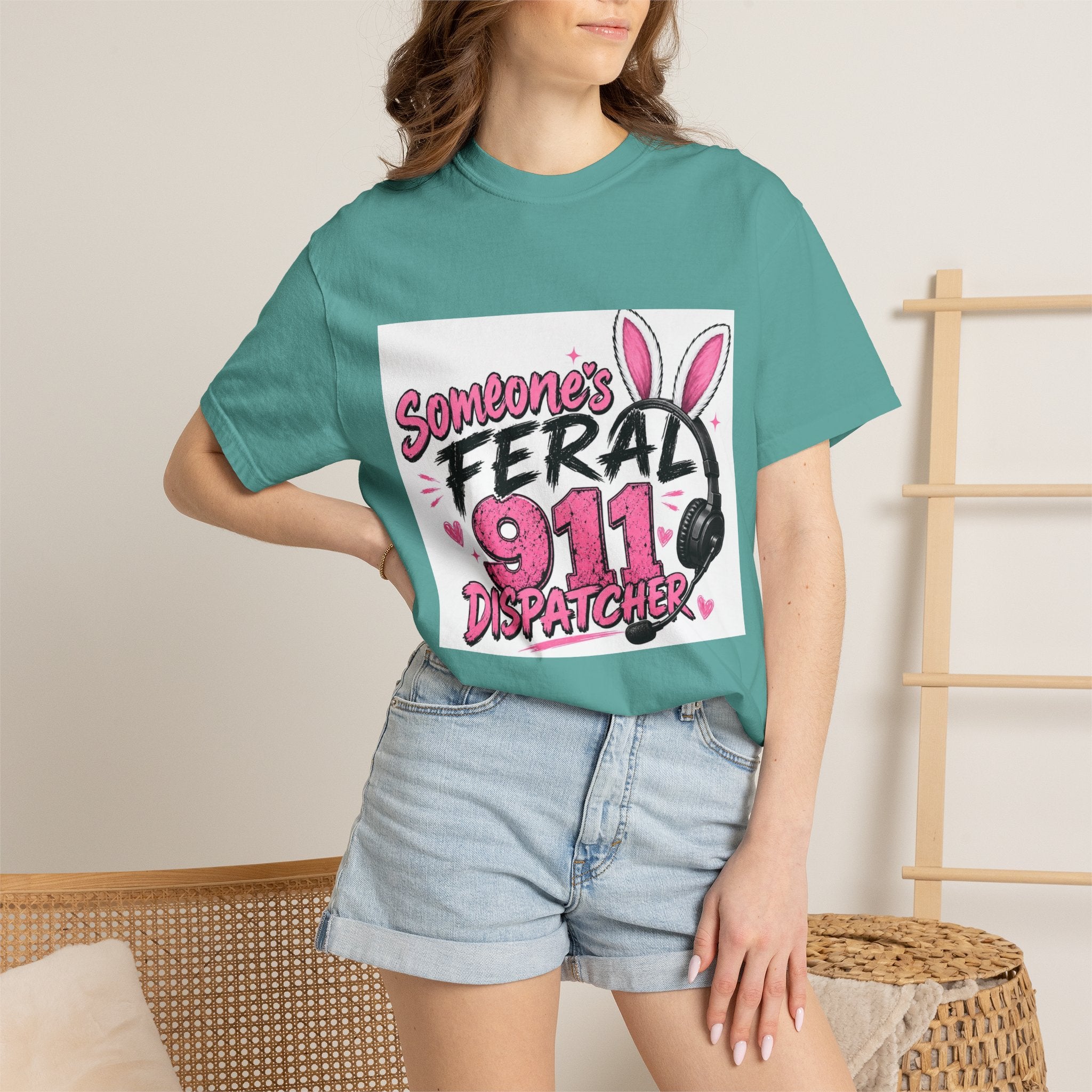 911 Dispatcher T‑Shirt — "Someone's Feral" Cute Pink Bunny Headset Design