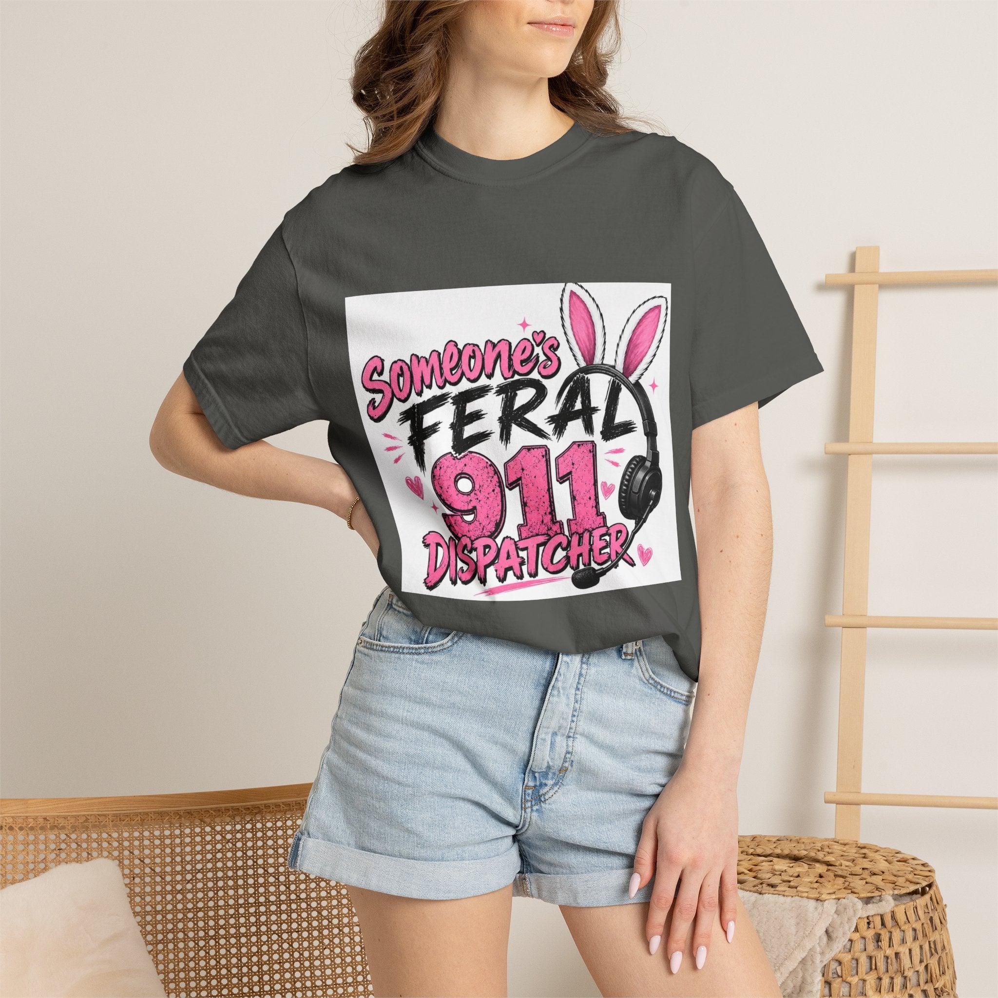 911 Dispatcher T‑Shirt — "Someone's Feral" Cute Pink Bunny Headset Design