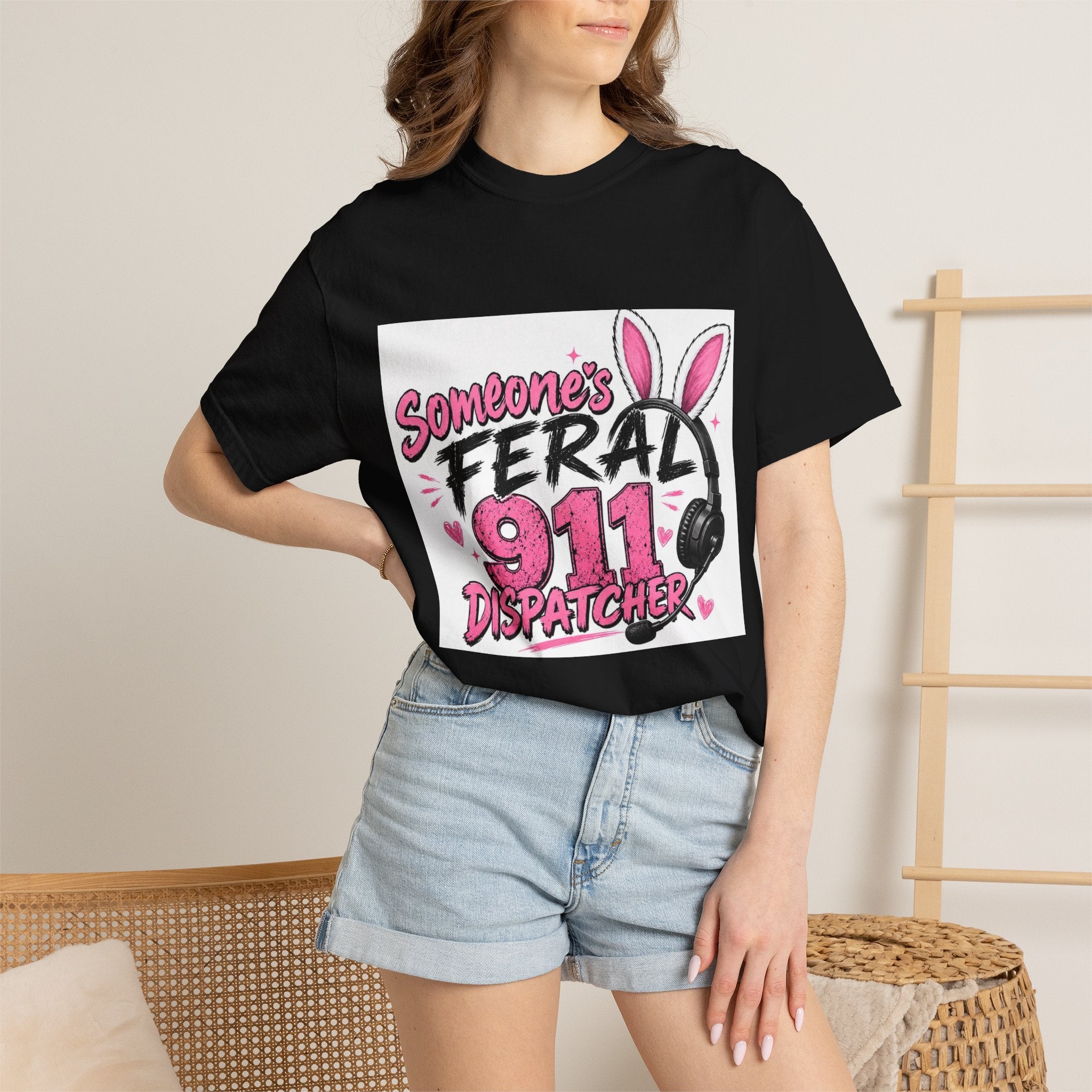 911 Dispatcher T‑Shirt — "Someone's Feral" Cute Pink Bunny Headset Design