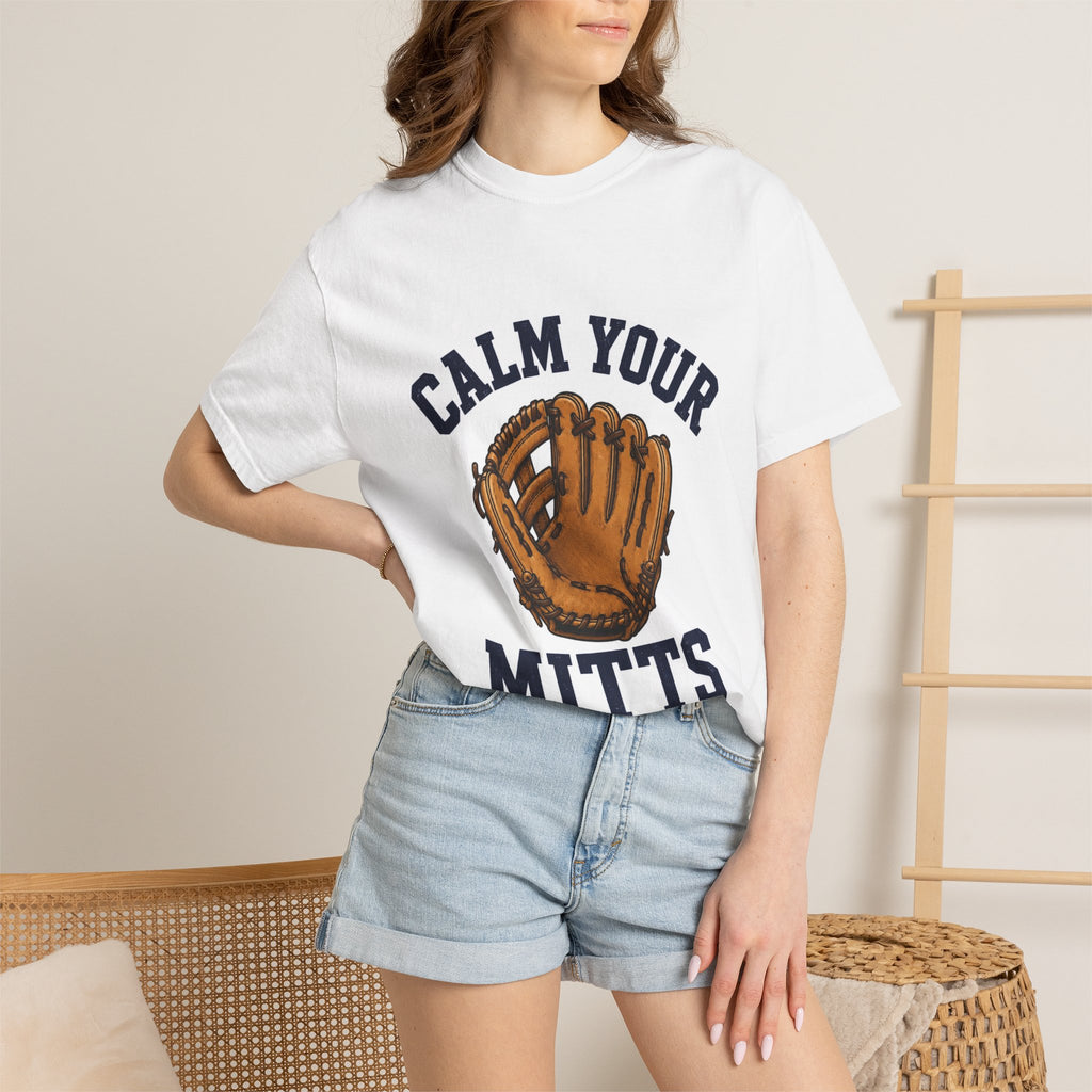 Calm Your Mitts Baseball T-Shirt — Vintage Glove Graphic