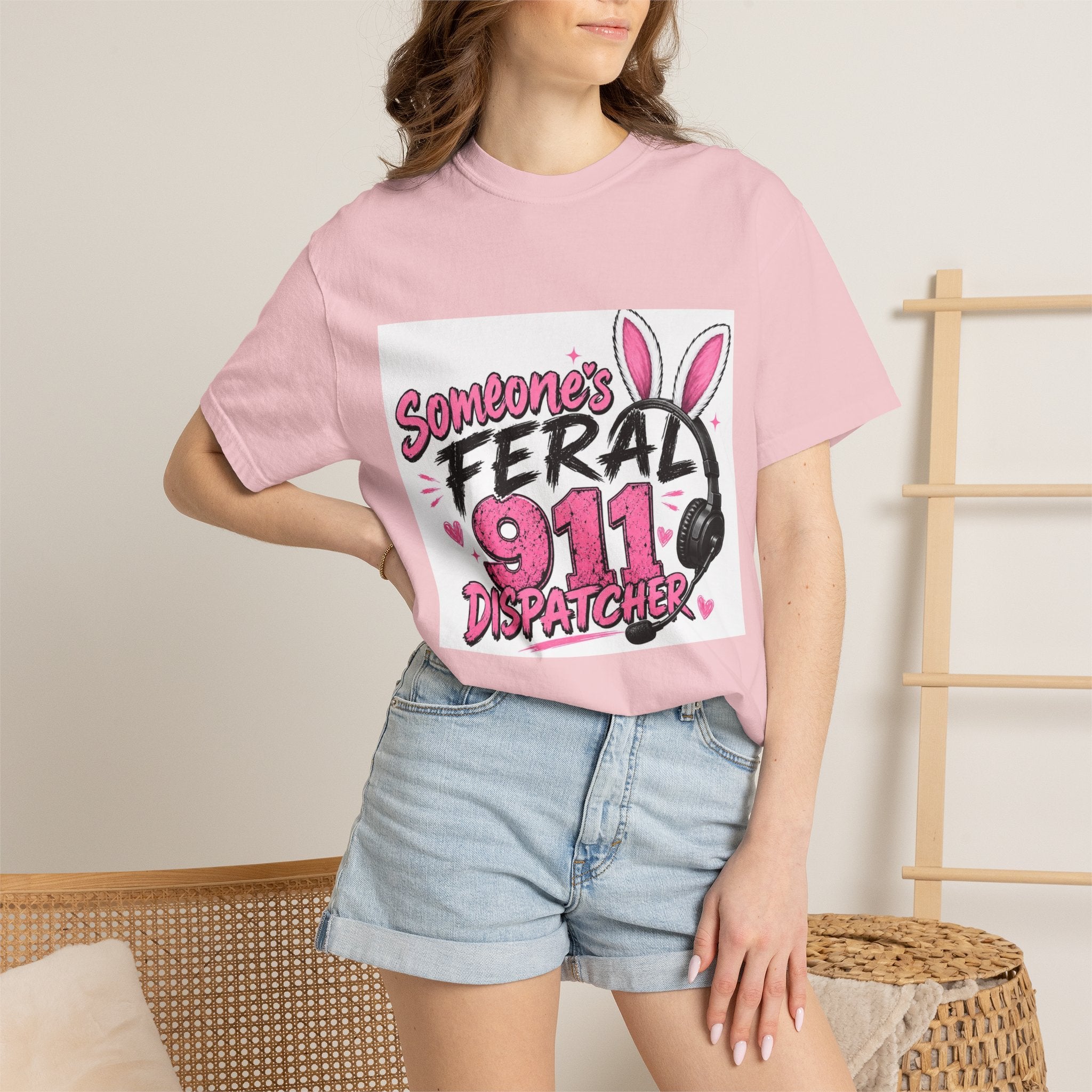 911 Dispatcher T‑Shirt — "Someone's Feral" Cute Pink Bunny Headset Design