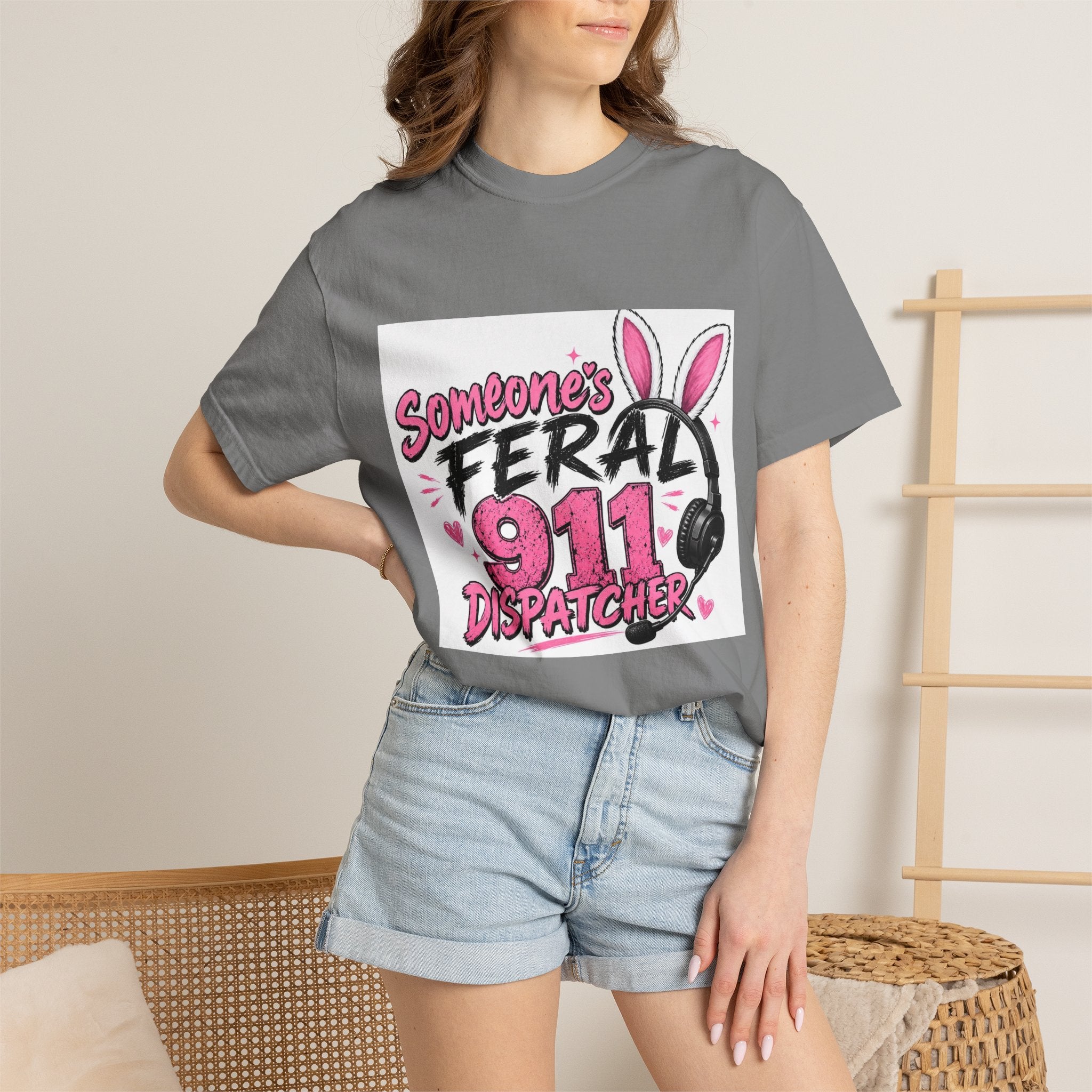 911 Dispatcher T‑Shirt — "Someone's Feral" Cute Pink Bunny Headset Design