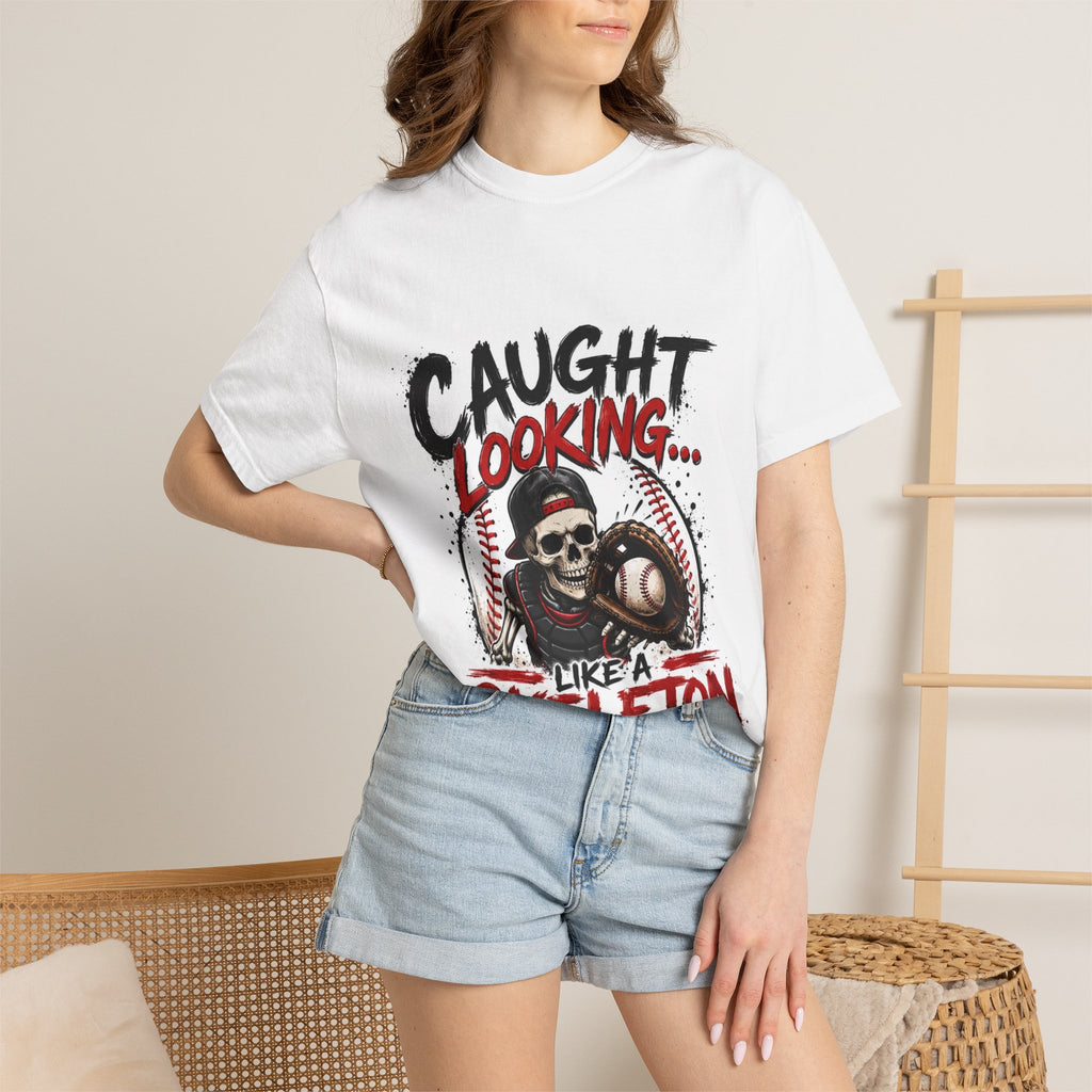 Baseball Skeleton T-Shirt — "Caught Looking Like a Skeleton" Graphic Tee