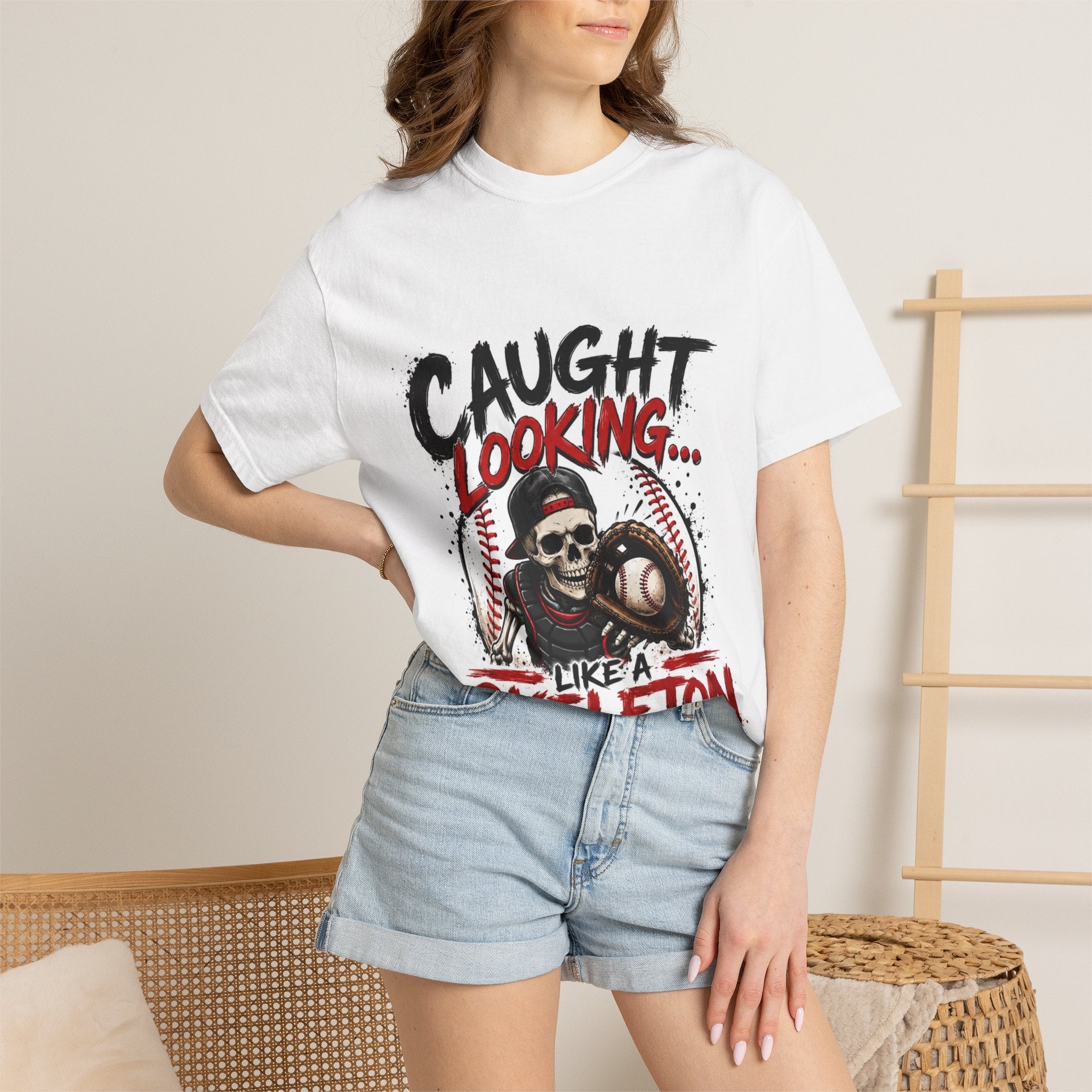 Baseball Skeleton T-Shirt — "Caught Looking Like a Skeleton" Graphic Tee